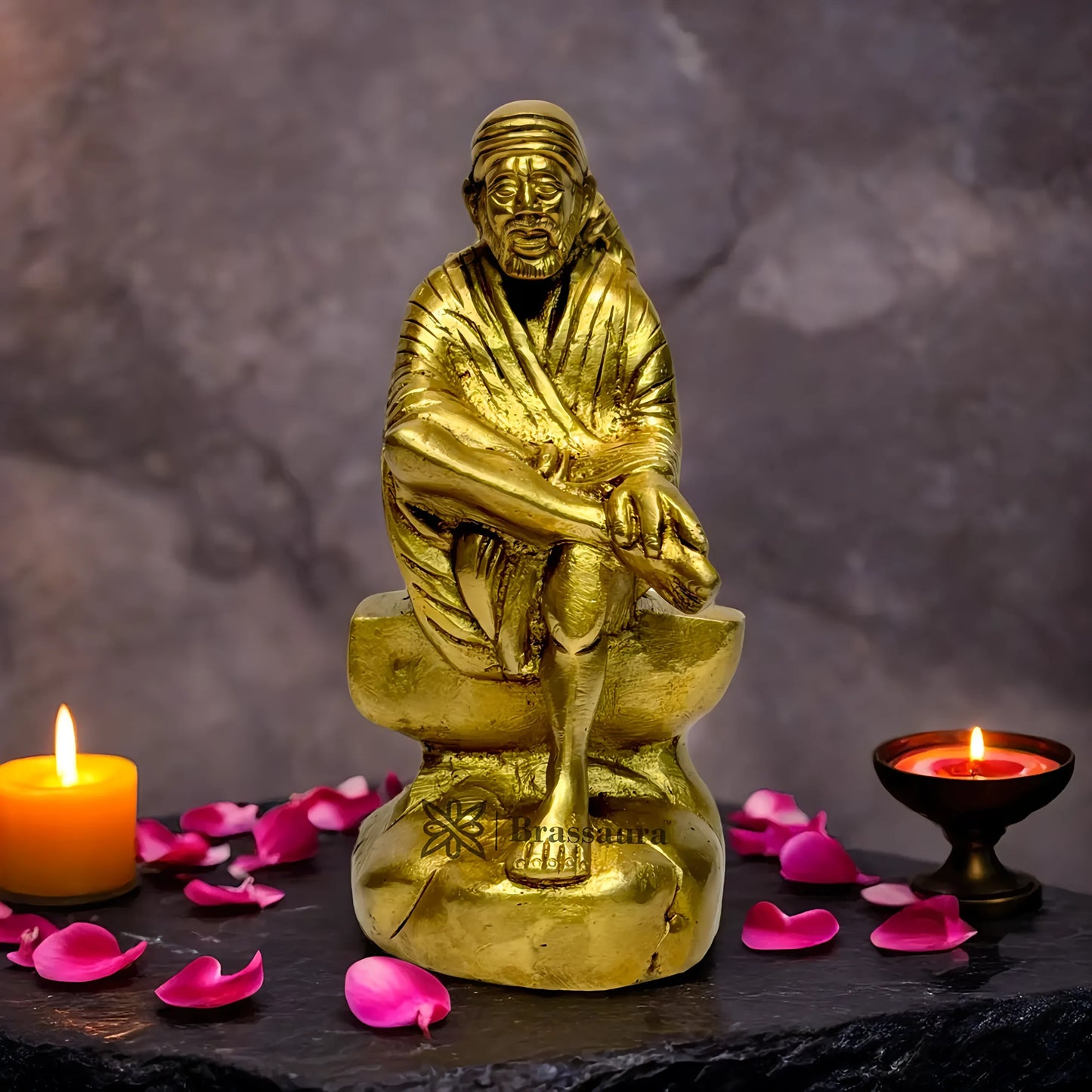 Brassaura™ Brass Sai Baba Idol – Height 9 Inches & Weight 2.1 Kgs | Handcrafted Spiritual Sculpture for Pooja Room