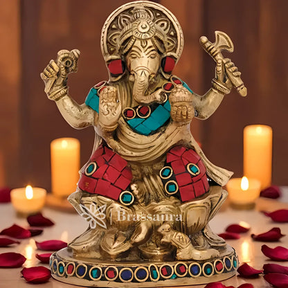 Brassaura™ Brass Gem Stone Work Ganesha Idol for Home Décor | Weight 1 Kgs | Height 5 Inches