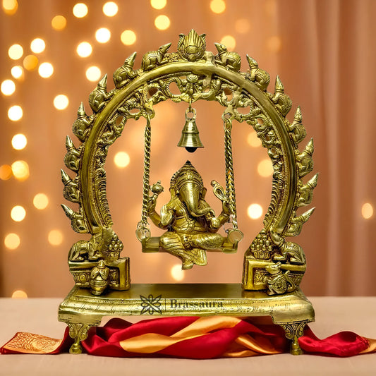 Brassaura™ Brass Ganesha Jhula Murti – Height 14.6 inches & Weight 5.2 kgs | Ganpati Swing Idol for Pooja & Home Décor
