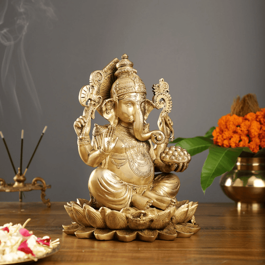 Brassaura™ Brass Ganapati Seated on Lotus | Handcrafted Fine Quality Sculpture | Height 12 Inches & Weight 9 Kgs