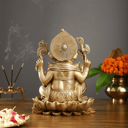 Brassaura™ Brass Ganapati Seated on Lotus | Handcrafted Fine Quality Sculpture | Height 12 Inches & Weight 9 Kgs