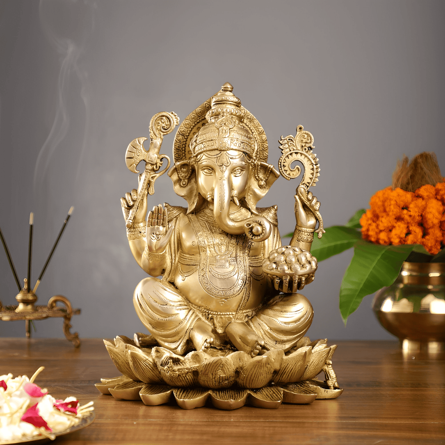 Brassaura™ Brass Ganapati Seated on Lotus | Handcrafted Fine Quality Sculpture | Height 12 Inches & Weight 9 Kgs