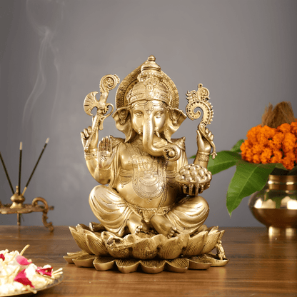 Brassaura™ Brass Ganapati Seated on Lotus | Handcrafted Fine Quality Sculpture | Height 12 Inches & Weight 9 Kgs