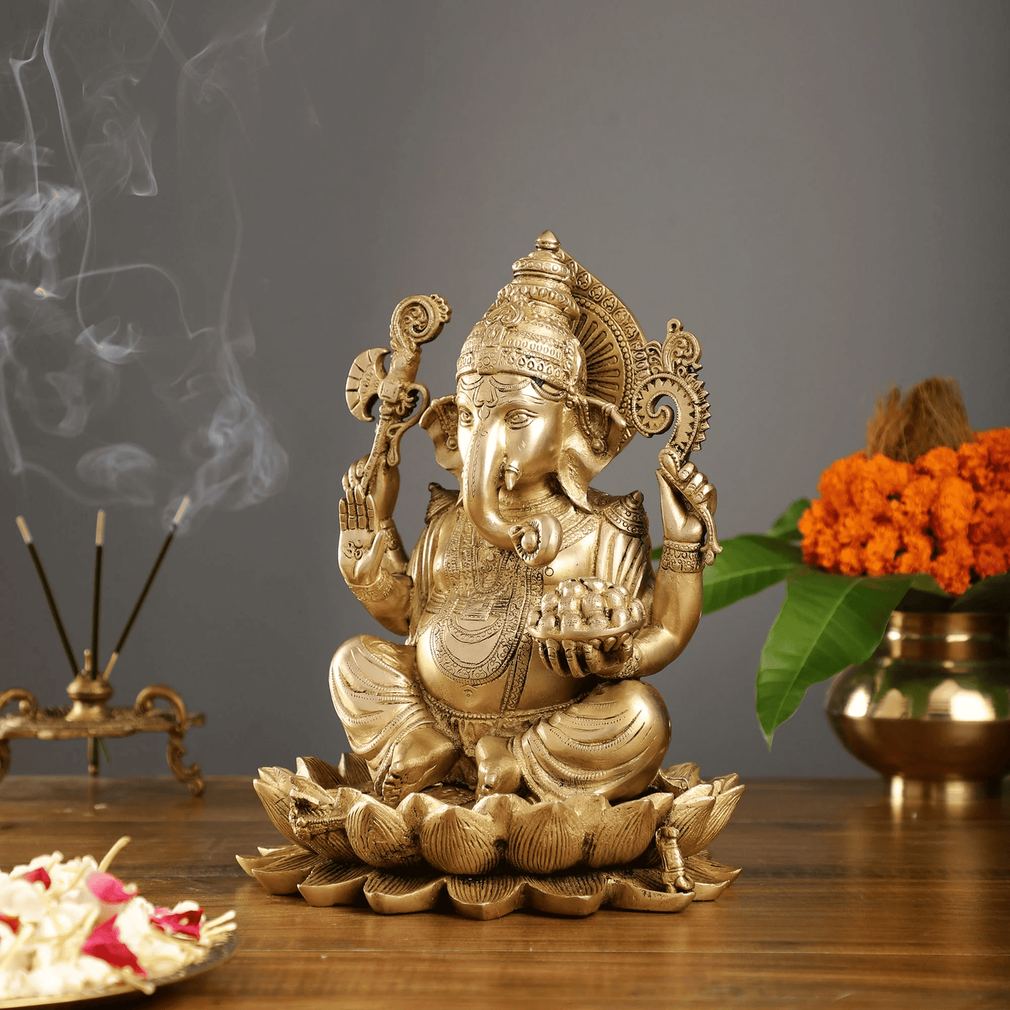 Brassaura™ Brass Ganapati Seated on Lotus | Handcrafted Fine Quality Sculpture | Height 12 Inches & Weight 9 Kgs