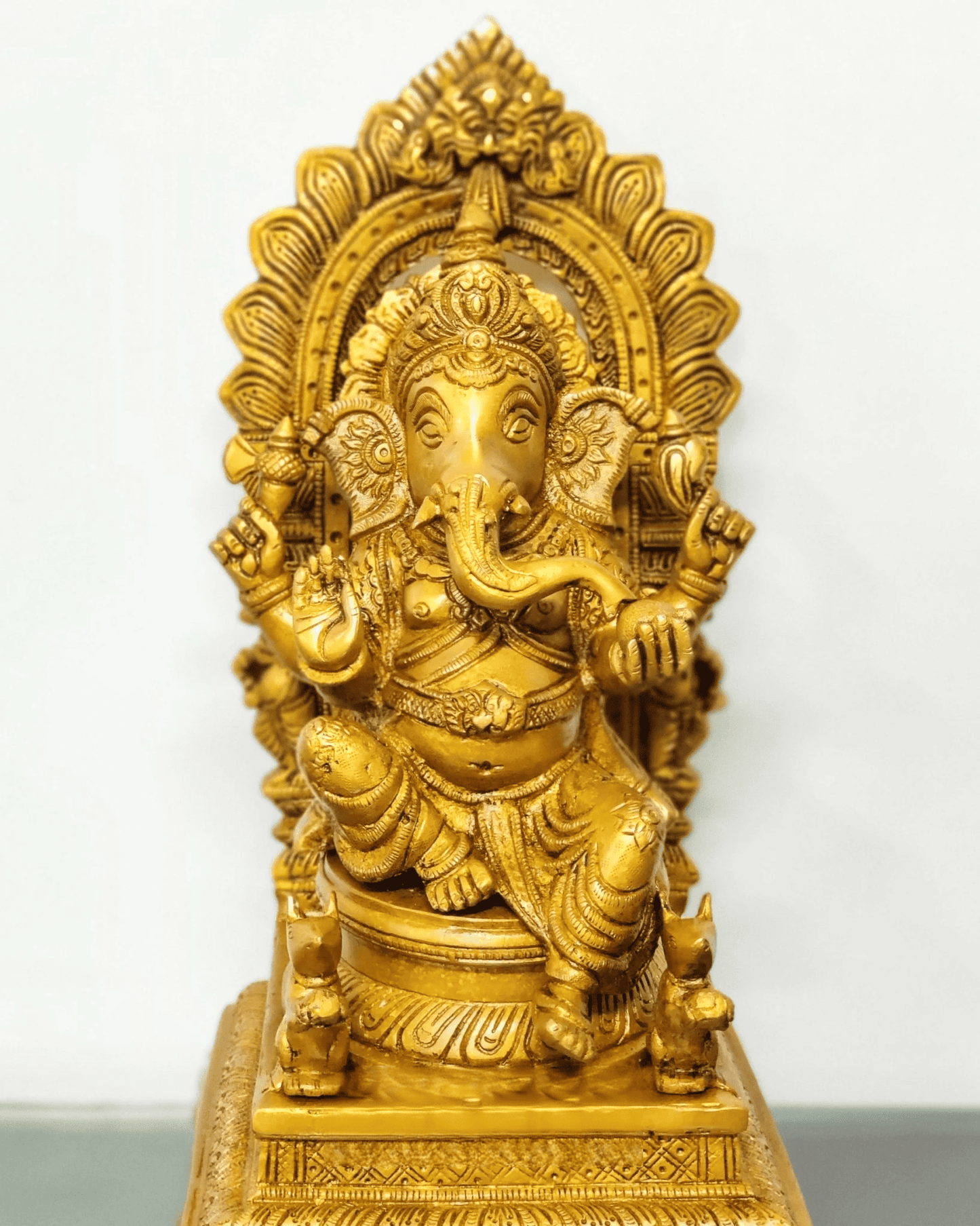Brassaura® Finely Carved Ganapati Statue on Throne with Two Mooshaks | Height 17 Inches