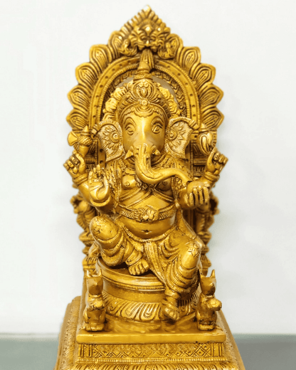 Brassaura® Finely Carved Ganapati Statue on Throne with Two Mooshaks | Height 17 Inches