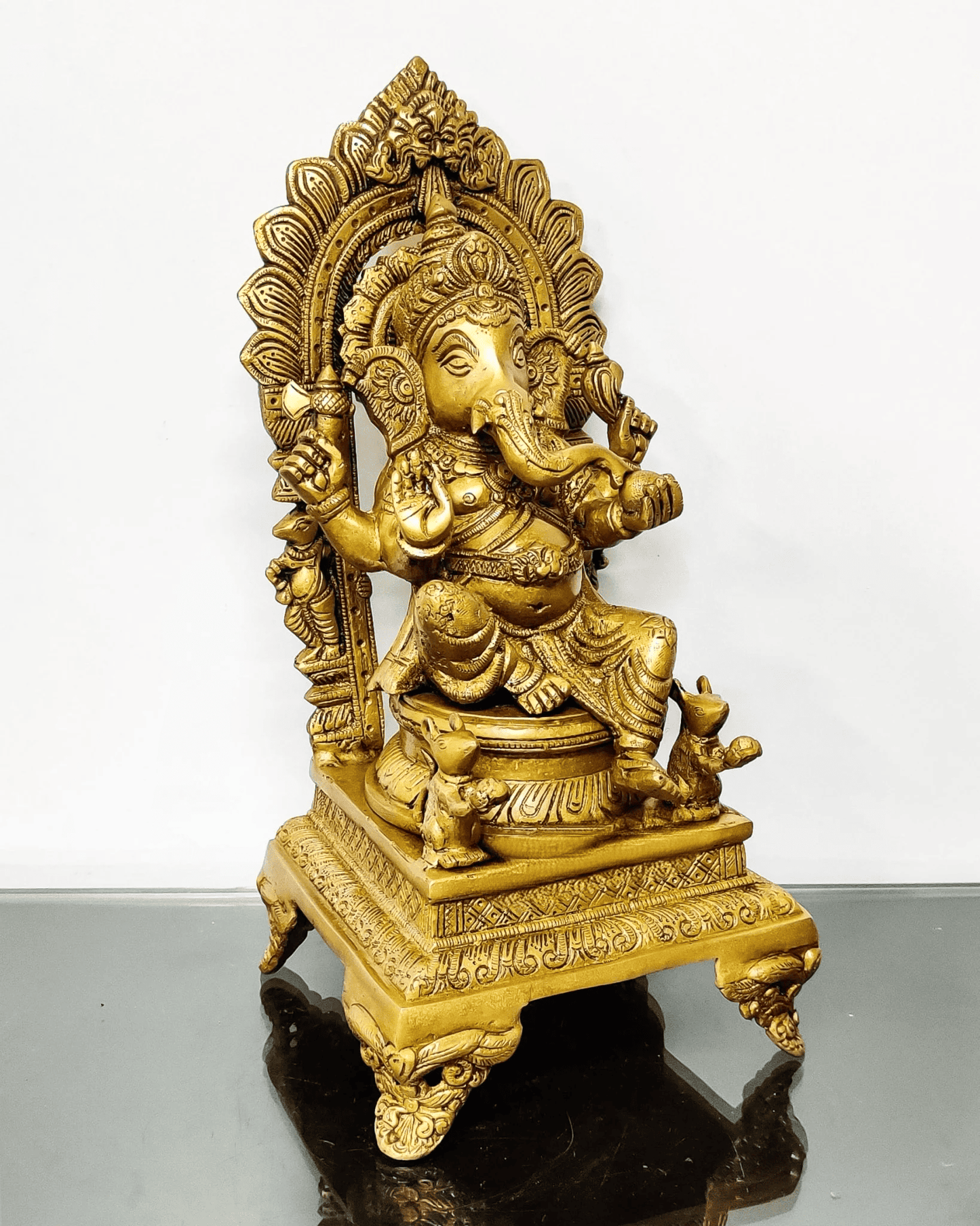 Brassaura® Finely Carved Ganapati Statue on Throne with Two Mooshaks | Height 17 Inches