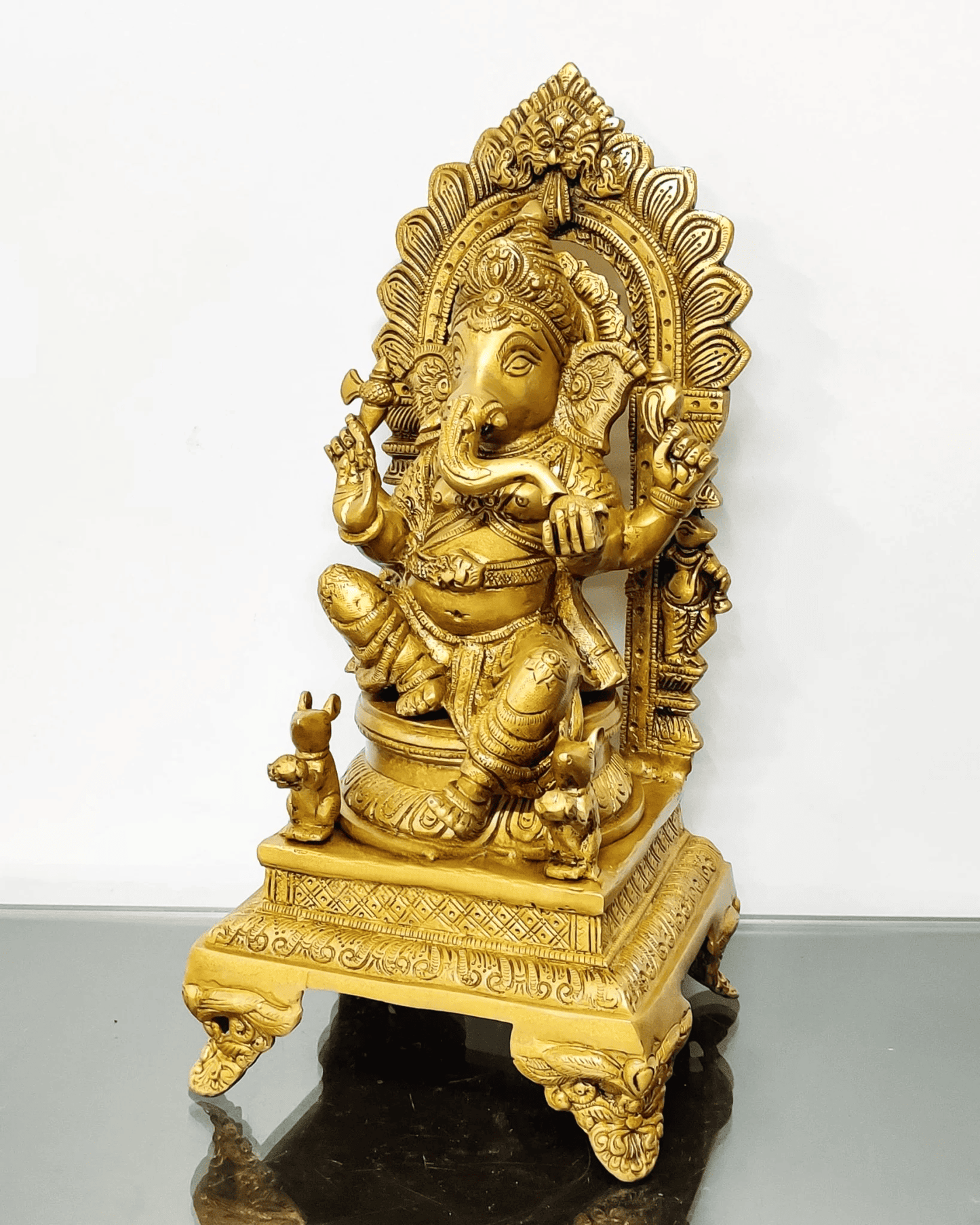 Brassaura® Finely Carved Ganapati Statue on Throne with Two Mooshaks | Height 17 Inches