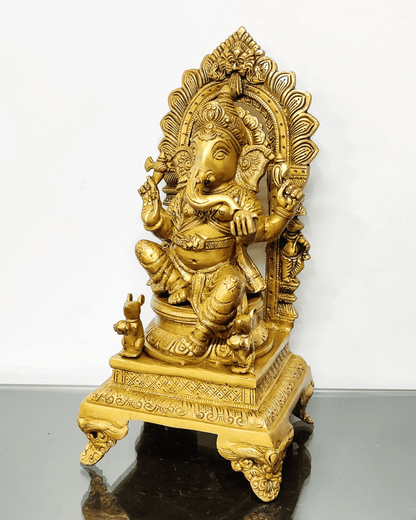 Brassaura® Finely Carved Ganapati Statue on Throne with Two Mooshaks | Height 17 Inches