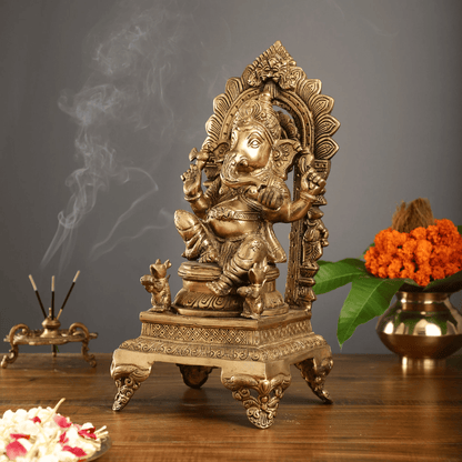 Brassaura™ Brass Lord Ganapati on Throne Statue with Gold Finish | Height 17 Inches & Weight 10.5 Kgs