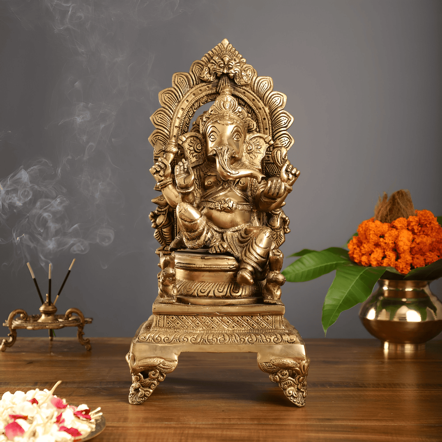 Brassaura™ Brass Lord Ganapati on Throne Statue with Gold Finish | Height 17 Inches & Weight 10.5 Kgs