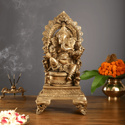 Brassaura™ Brass Lord Ganapati on Throne Statue with Gold Finish | Height 17 Inches & Weight 10.5 Kgs
