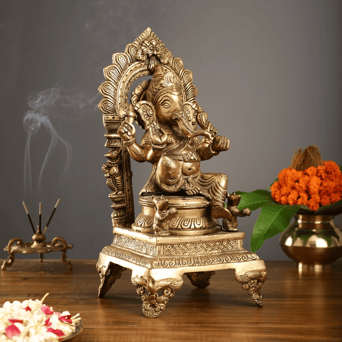 Brassaura™ Brass Lord Ganapati on Throne Statue with Gold Finish | Height 17 Inches & Weight 10.5 Kgs