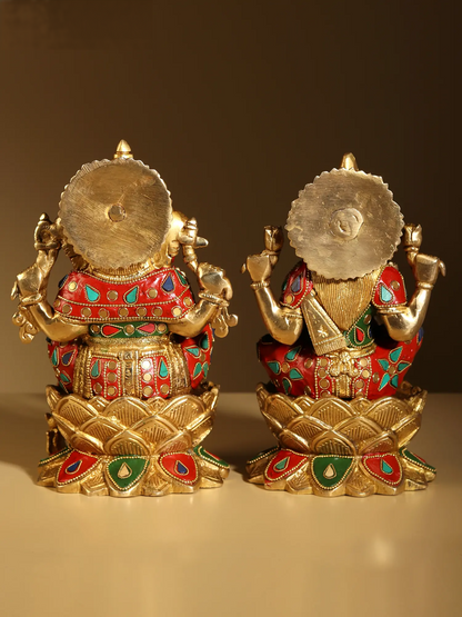 Brassaura® Goddess Lakshmi and Lord Ganesha Pair | Pure Brass with Meenakari Inlay Work | Height 9 Inches & Weight 7.40 kgs