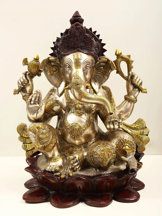 ब्रासौड़ा® भगवान गणेश कमल पर बैठे | शुद्ध पीतल | ऊंचाई 21 इंच और वज़न 29 किलोग्राम