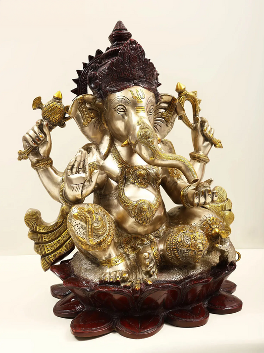 ब्रासौड़ा® भगवान गणेश कमल पर बैठे | शुद्ध पीतल | ऊंचाई 21 इंच और वज़न 29 किलोग्राम