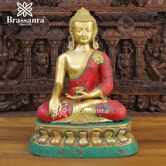 Brassaura® Colorful Buddha Idol for Home Décor & Gifting | Pure Superfine Brass Handcrafted Murti, Brass Statue for Home Temple, Pooja Room | Height 24 Inches | Weight 25.62 Kg