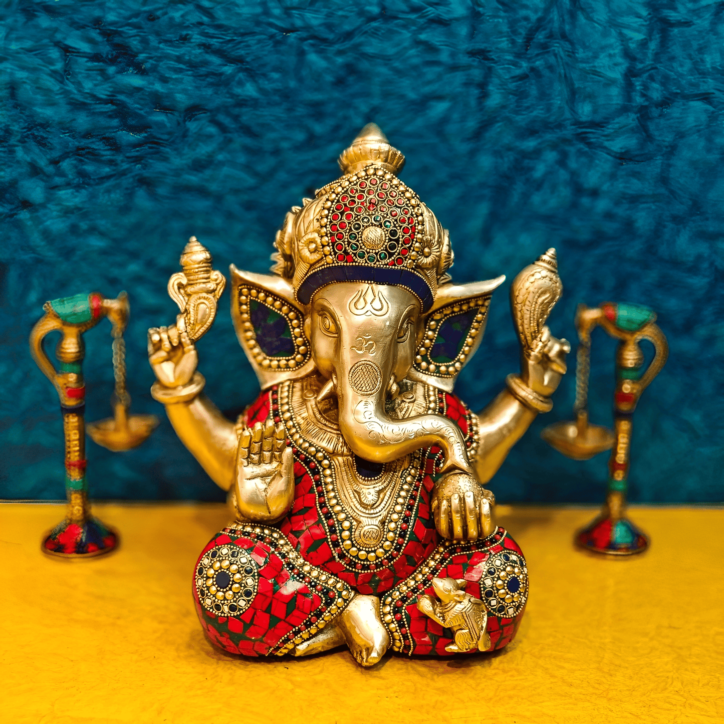 Brassaura™ Ganapati Brass Idol with Mosaic Leveled Stonework | Height 12 Inches & Weight 9 Kgs