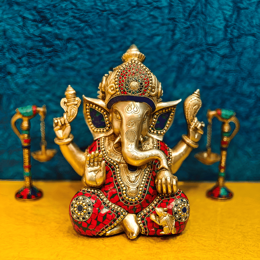 ब्रसॉरा® गणपति पीतल की मूर्ति मोज़ेक लेवेल्ड स्टोनवर्क के साथ | ऊँचाई 12 इंच