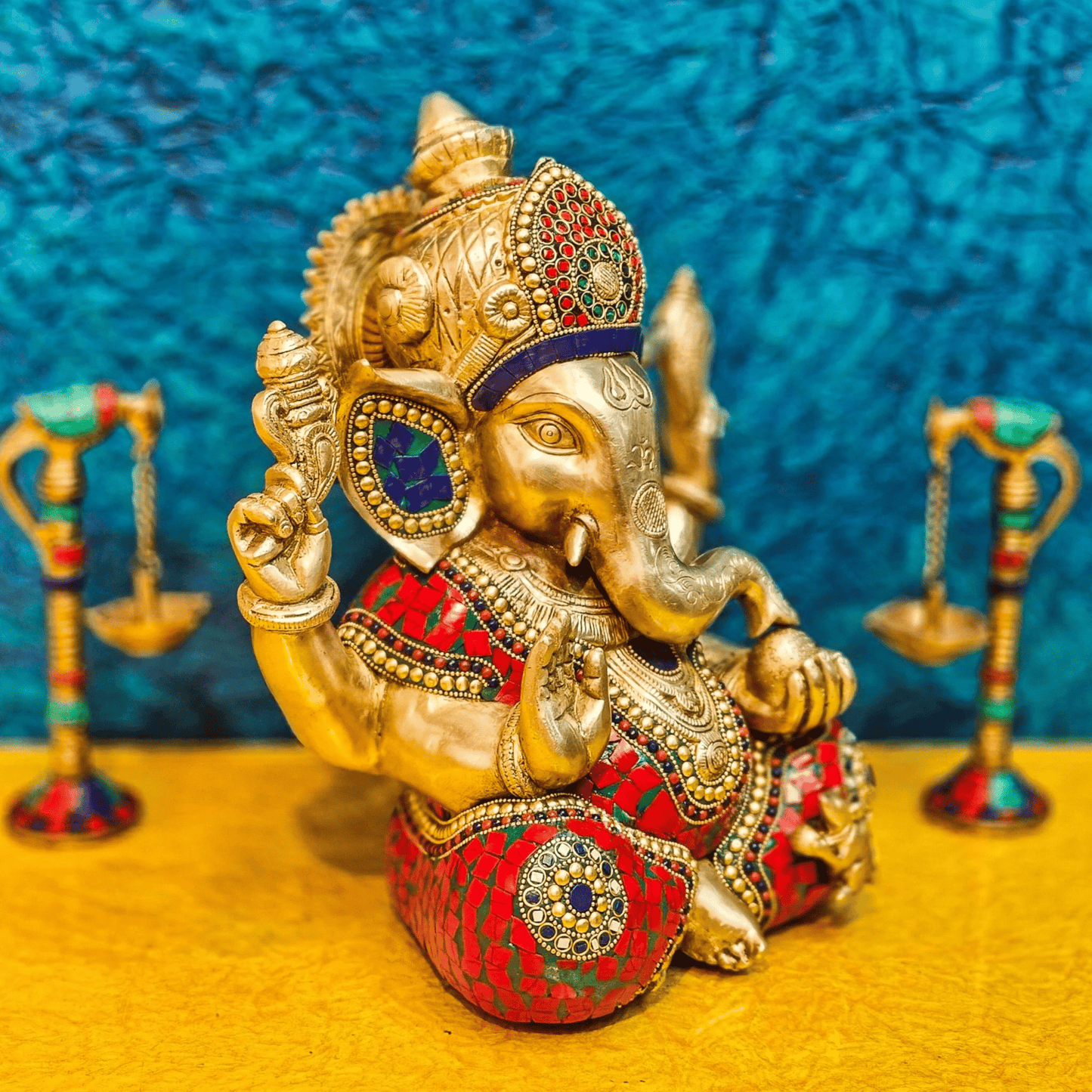Brassaura™ Ganapati Brass Idol with Mosaic Leveled Stonework | Height 12 Inches & Weight 9 Kgs