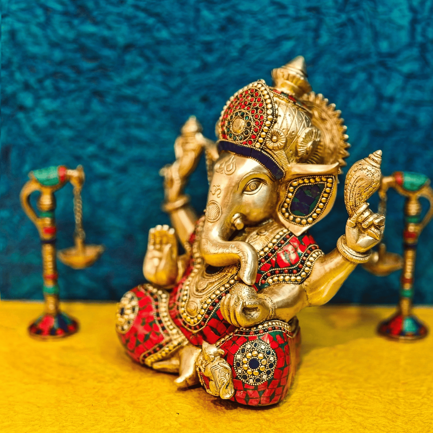Brassaura™ Ganapati Brass Idol with Mosaic Leveled Stonework | Height 12 Inches & Weight 9 Kgs