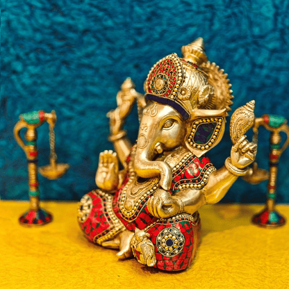 Brassaura™ Ganapati Brass Idol with Mosaic Leveled Stonework | Height 12 Inches & Weight 9 Kgs