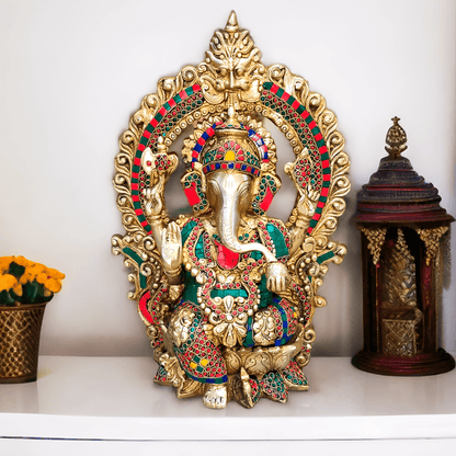 Brassaura® Brass Ganapati Seated on Lotus Throne with Prabhavali & Stonework | Height 15.5 Inches
