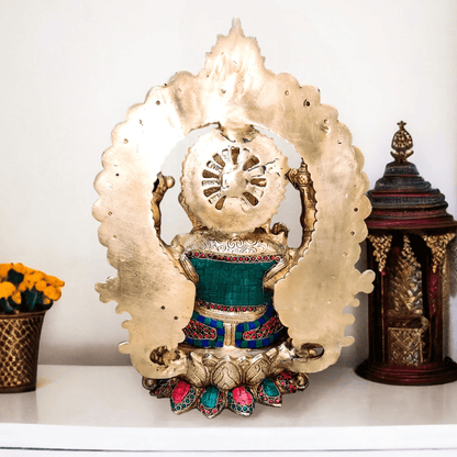 Brassaura® Brass Ganapati Seated on Lotus Throne with Prabhavali & Stonework | Height 15.5 Inches