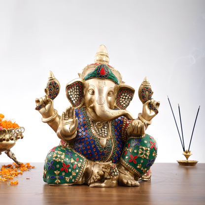 Brassaura® गणपति आशीर्वाद प्रतिमा | हस्तनिर्मित पीतल पत्थर के काम के साथ | ऊंचाई 13 इंच