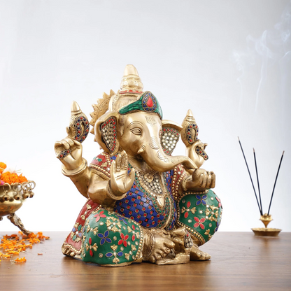 Brassaura™ Ganapati Aashirwad Idol | Handcrafted Brass with Stonework | Height 13 Inches & Weight 12.5 Kgs