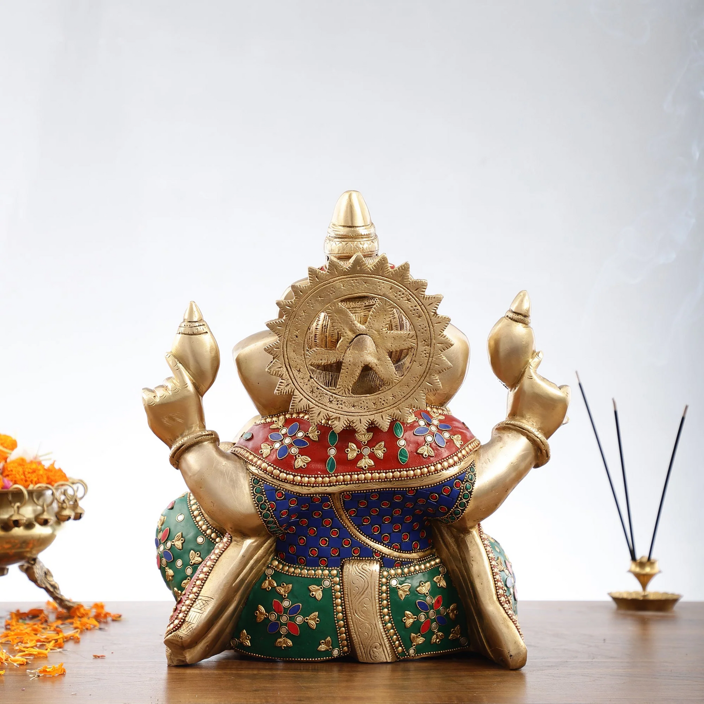 Brassaura™ Ganapati Aashirwad Idol | Handcrafted Brass with Stonework | Height 13 Inches & Weight 12.5 Kgs