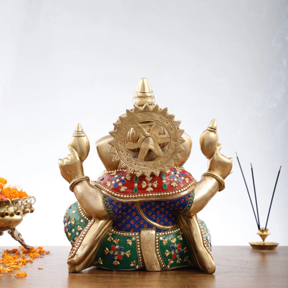Brassaura™ Ganapati Aashirwad Idol | Handcrafted Brass with Stonework | Height 13 Inches & Weight 12.5 Kgs
