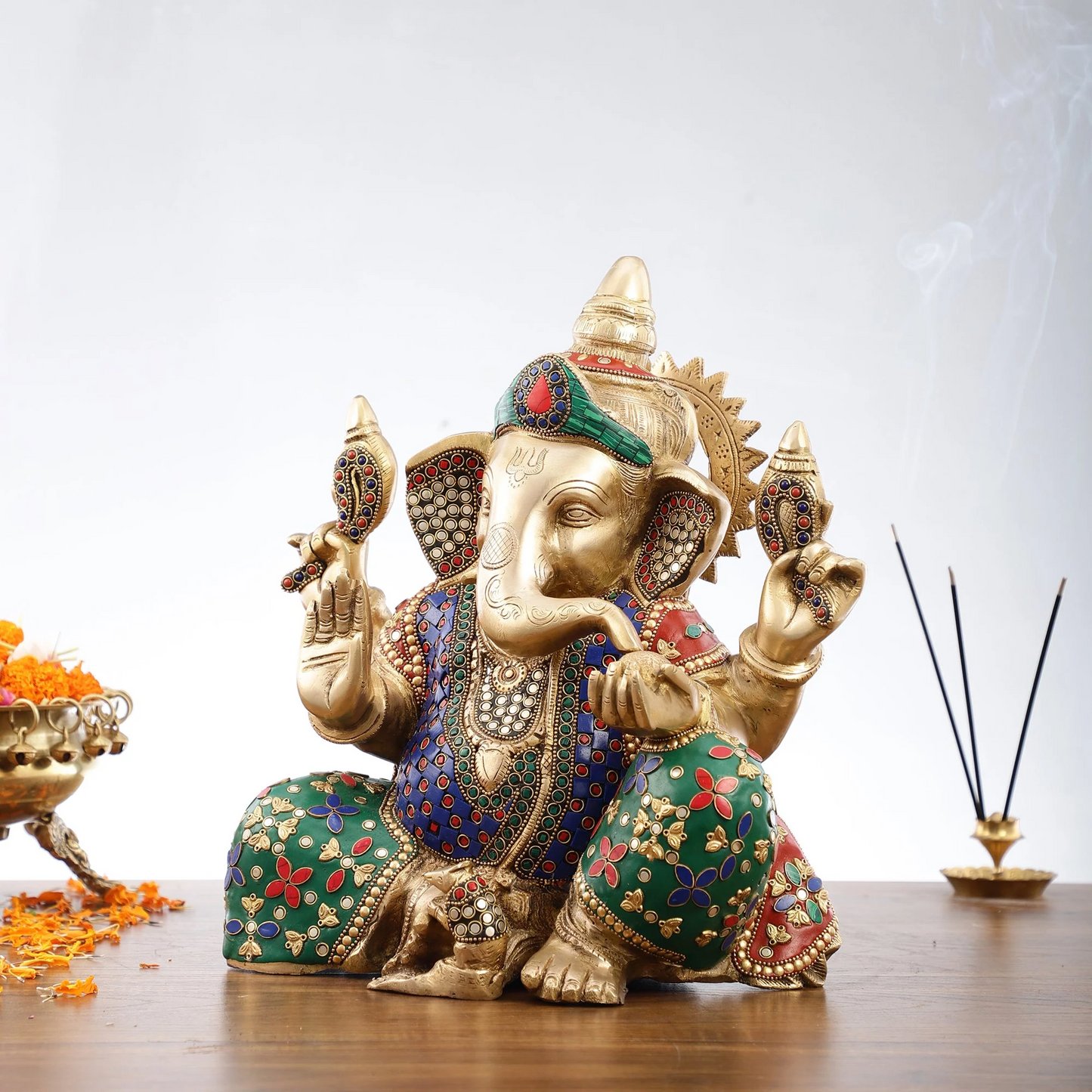 Brassaura™ Ganapati Aashirwad Idol | Handcrafted Brass with Stonework | Height 13 Inches & Weight 12.5 Kgs