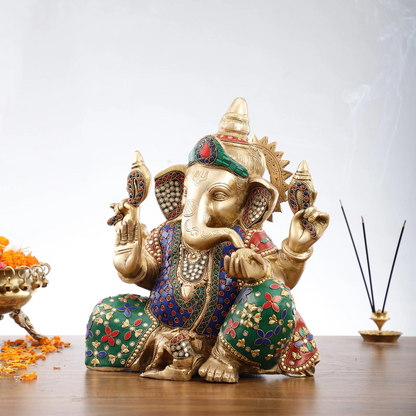 Brassaura™ Ganapati Aashirwad Idol | Handcrafted Brass with Stonework | Height 13 Inches & Weight 12.5 Kgs