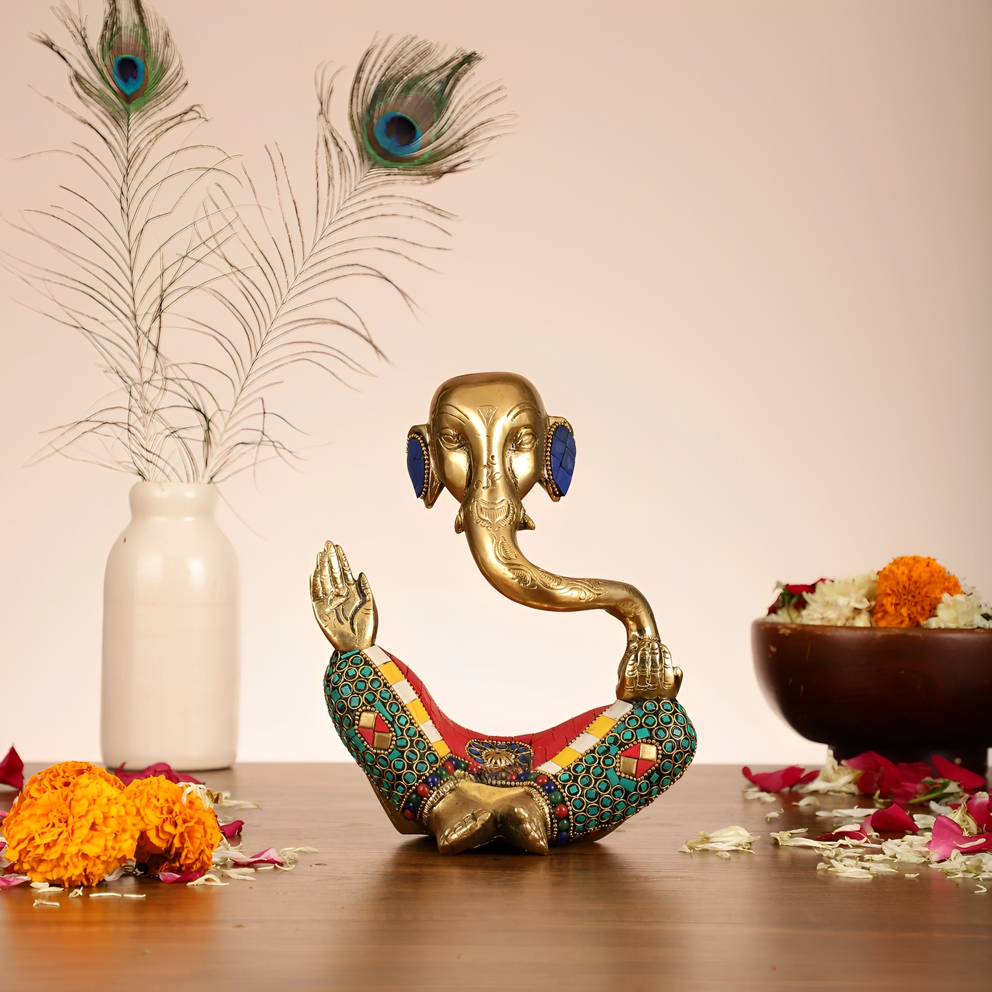 Brassaura™ Handcrafted Brass Lord Ganesha Idol | Meenakari Stonework | Height 8.5 Inches