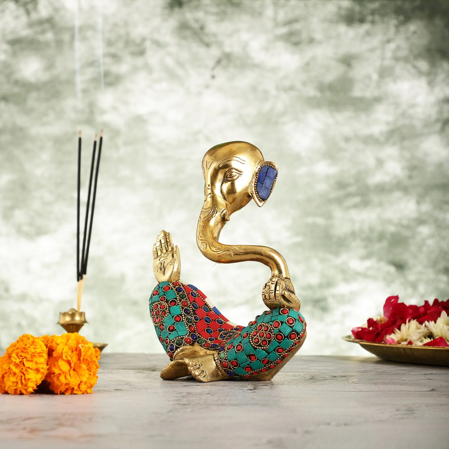 Brassaura™ Handcrafted Brass Lord Ganesha Idol | Meenakari Stonework | Height 8.5 Inches