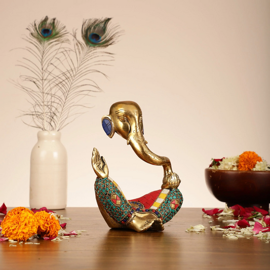 Brassaura™ Handcrafted Brass Lord Ganesha Idol | Meenakari Stonework | Height 8.5 Inches