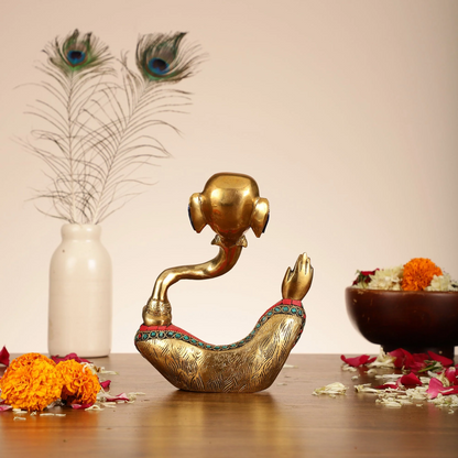 Brassaura™ Handcrafted Brass Lord Ganesha Idol | Meenakari Stonework | Height 8.5 Inches