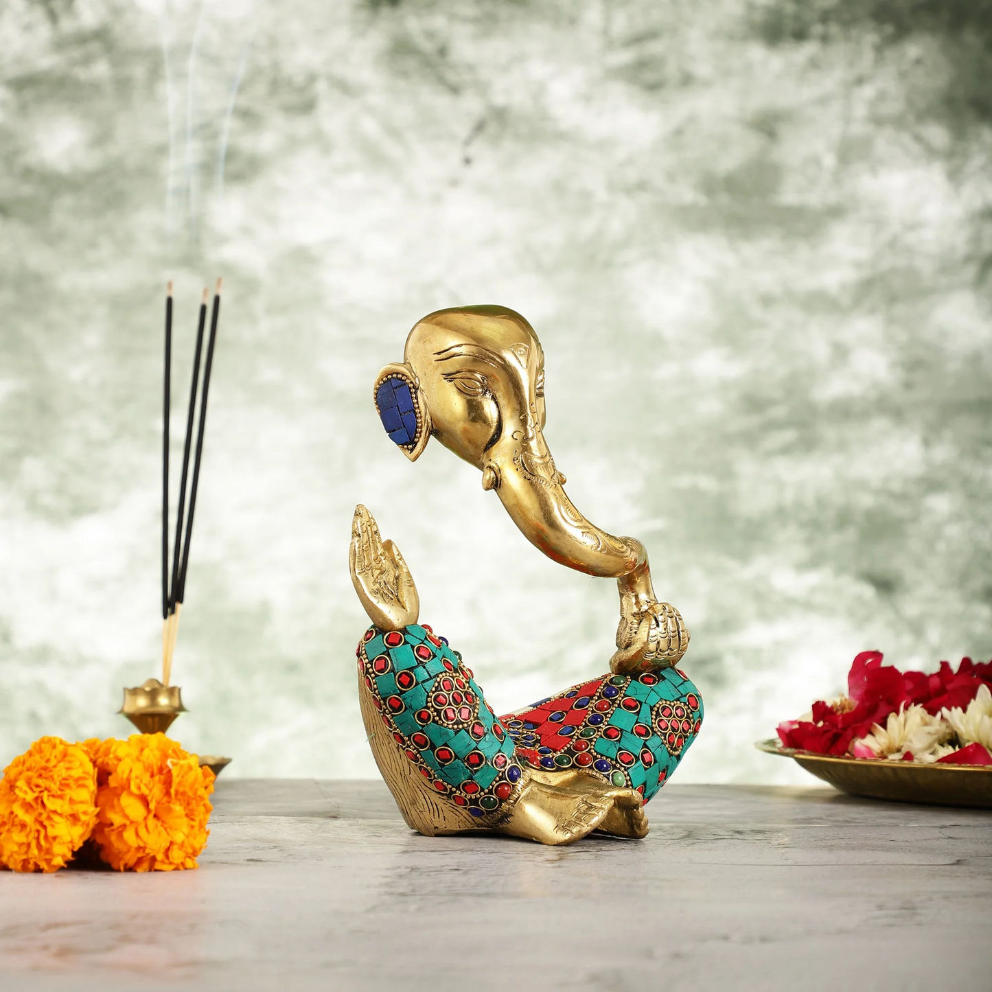 Brassaura™ Handcrafted Brass Lord Ganesha Idol | Meenakari Stonework | Height 8.5 Inches