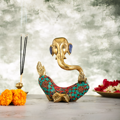 Brassaura™ Handcrafted Brass Lord Ganesha Idol | Meenakari Stonework | Height 8.5 Inches