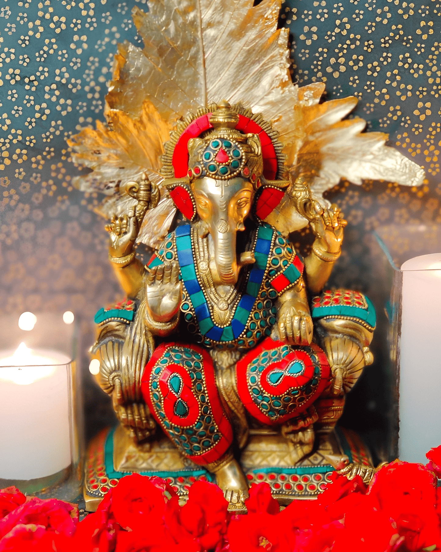 Brassaura® Brass Ganesha Idol with Meenakari Stonework | Height 10 Inches