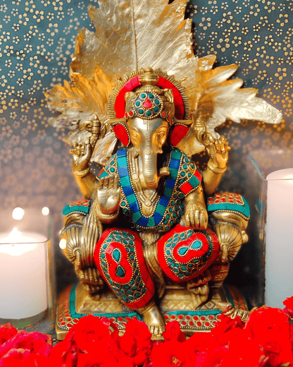 Brassaura® Brass Ganesha Idol with Meenakari Stonework | Height 10 Inches