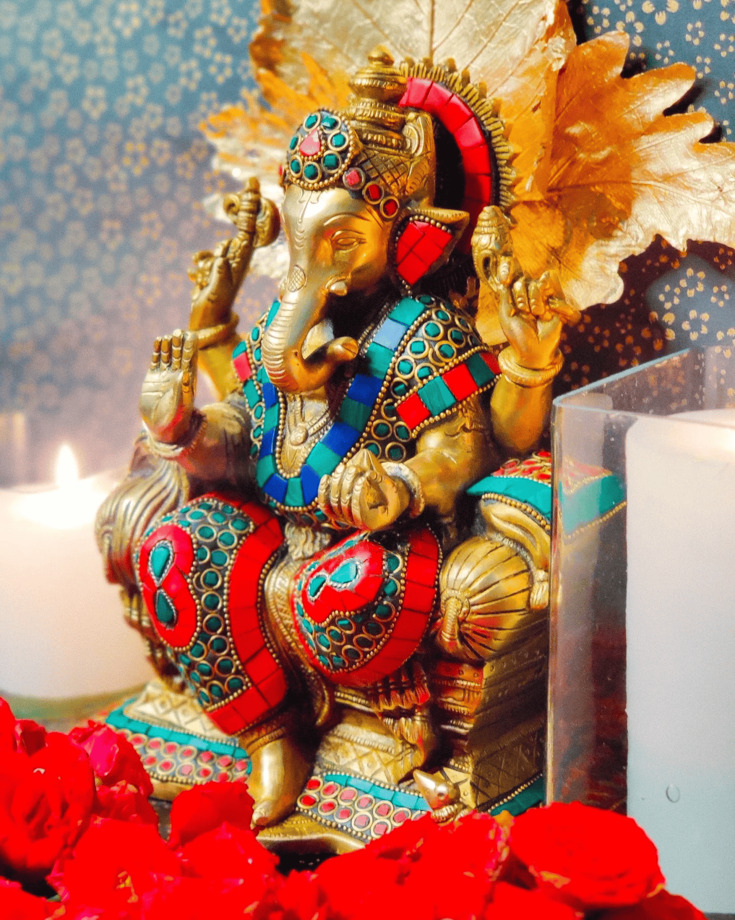Brassaura® Brass Ganesha Idol with Meenakari Stonework | Height 10 Inches