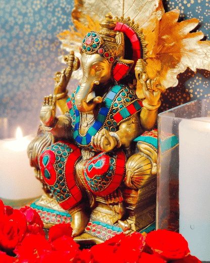 Brassaura® Brass Ganesha Idol with Meenakari Stonework | Height 10 Inches