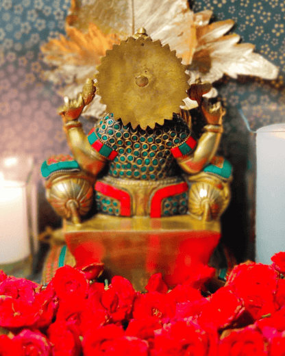 Brassaura® Brass Ganesha Idol with Meenakari Stonework | Height 10 Inches