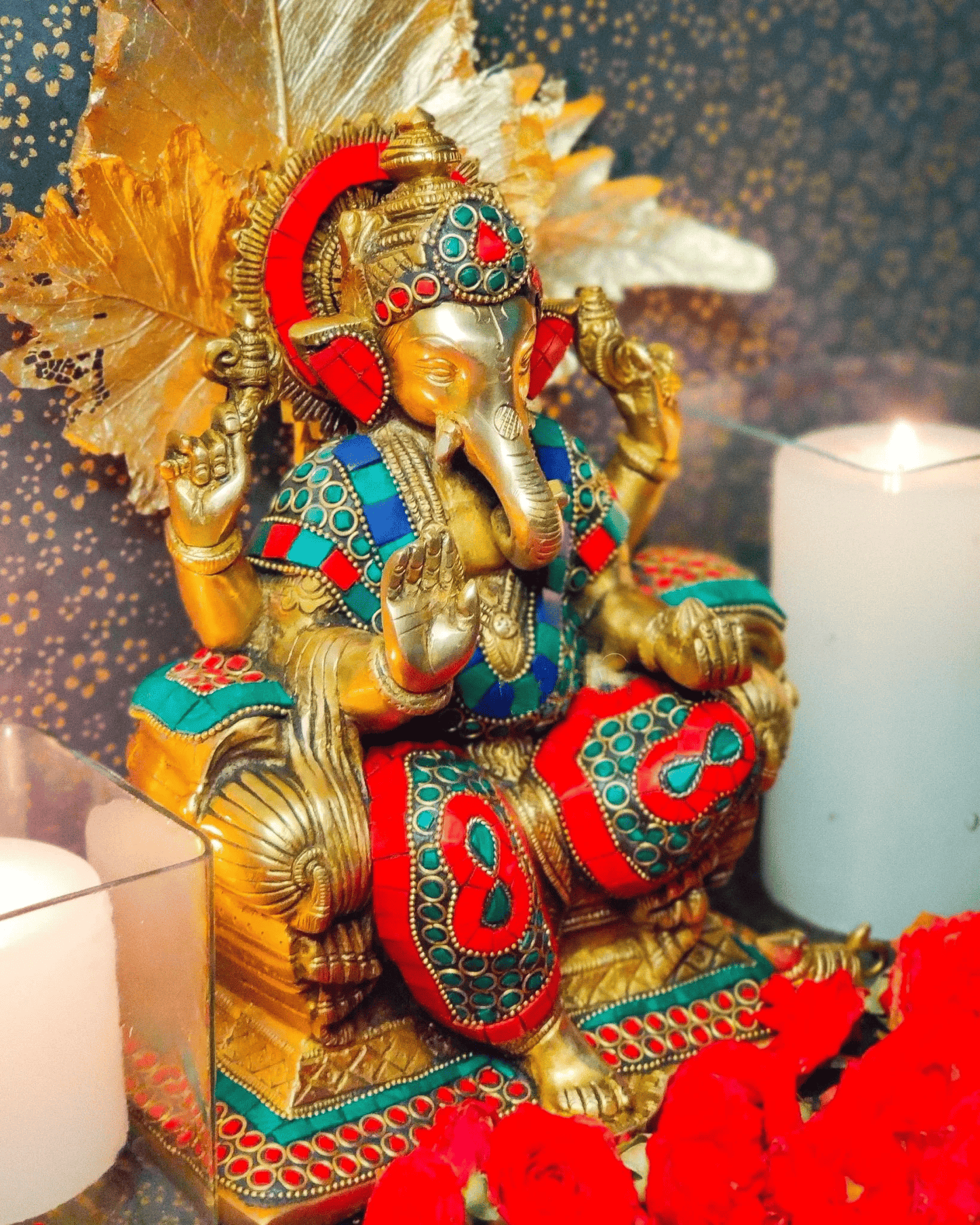 Brassaura® Brass Ganesha Idol with Meenakari Stonework | Height 10 Inches