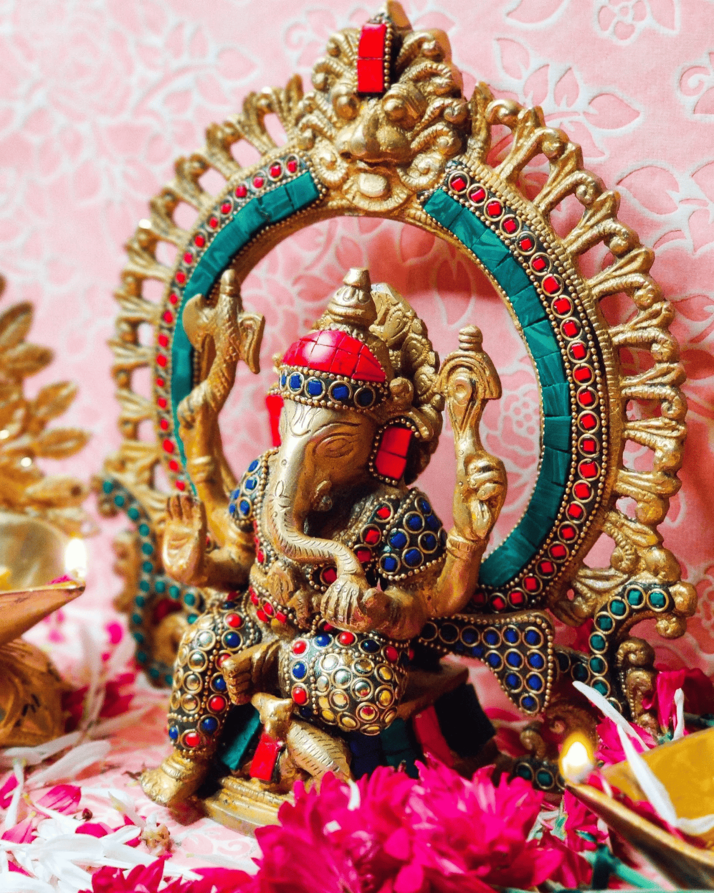 Brassaura® Brass Ganesha Idol with Meenakari Stonework | Height 9.5 Inches