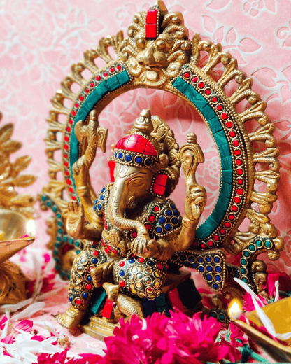 Brassaura® Brass Ganesha Idol with Meenakari Stonework | Height 9.5 Inches