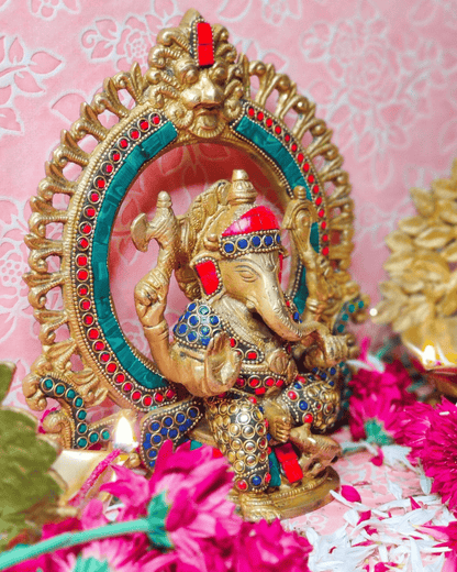 Brassaura® Brass Ganesha Idol with Meenakari Stonework | Height 9.5 Inches