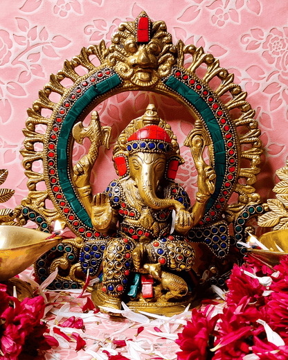 Brassaura® Brass Ganesha Idol with Meenakari Stonework | Height 9.5 Inches